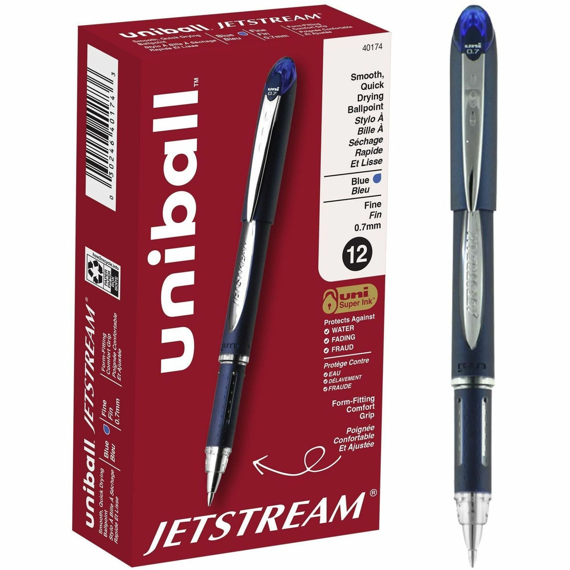 uniball™ Jetstream Ballpoint Pen - 0.7 mm Fine Pen Point - Blue Ink - Pigment-based - Blue Stainless Steel Barrel - 1 Each