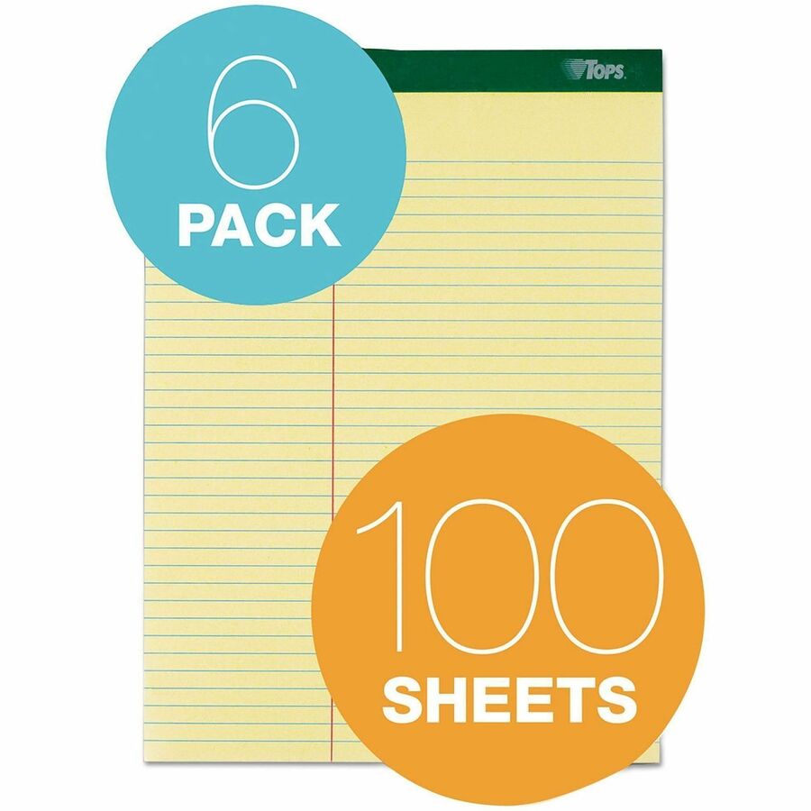 TOPS Letr-Trim Perforated Law-ruled Writing Pad - 100 Sheets - 0.34" Ruled - 16 lb Basis Weight - 8 1/2" x 11 3/4" Sheet Size - Canary Paper - Marble Green Binding - Perforated, Hard Cover - 6 / Pack