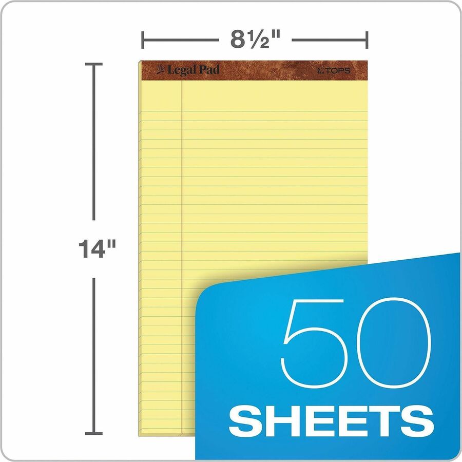 TOPS The Legal Rule Writing Pads - Legal - 50 Sheets - Double Stitched - 0.34" Ruled - 16 lb Basis Weight - Legal - 8 1/2" x 14" Sheet Size - Canary Paper - Perforated, Hard Cover, Heavyweight - 1 Dozen