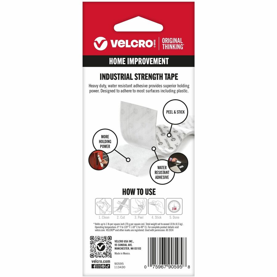 VELCRO&reg; Industrial Strength 4ft x 2in Roll White - 4 ft Length x 2" Width - White - Plastic - Water Resistant, Long Lasting - For Tools, Equipment, Glass, Hanging, Project, Industrial, Garage, Indoor, Outdoor, Mounting, Storing, ... Roll - 1 / Roll